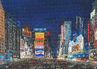 Nachtaufnahme einer belebten Großstadtstraße mit bunten Leuchtreklamen, Hochhäusern und viel Verkehr